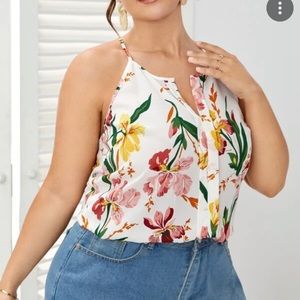 Shein curve notched neck floral print tank top size XL